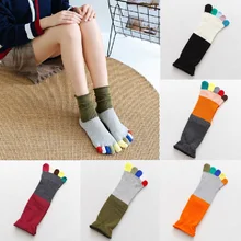 1 par novo engraçado meias femininas algodão colorido retalhos toe meias longas cinco dedos meias engraçadas meias femininas toe curto meninas