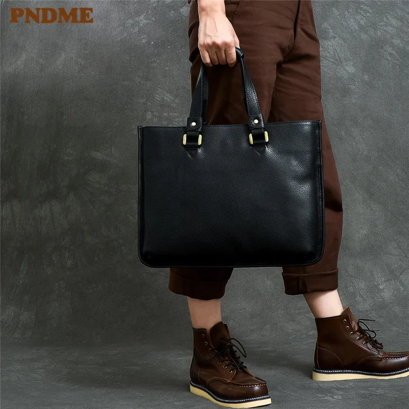

PNDME business casual simple genuine leather men's ladies briefcase high quality soft cowhide laptop shoulder messenger bags