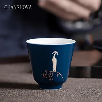 

CHANSHOVA Retro style Color glaze Egret Blue Porcelain teacup 50ml Ceramic tea cups Traditional chinese tea set H164