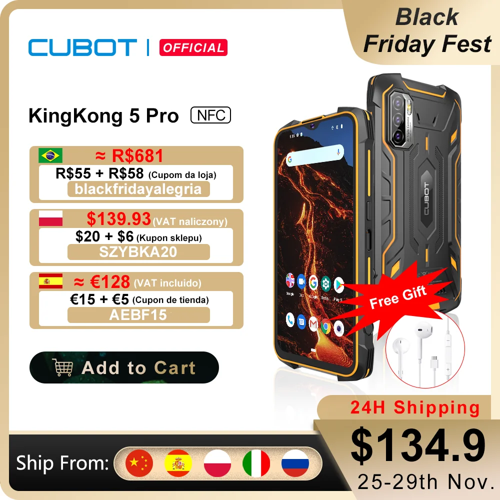 Cubot KingKong 5 Pro Android 11 IP68/IP69K Impermeable Rugged Smartphone Móvil Todorerreno para Viajes o Deporte Smartphone 8000mAh Batería NFC 48MP Triple Cámara 4GB+64GB GPS Dual SIM teléfono moviles Robusto 2021