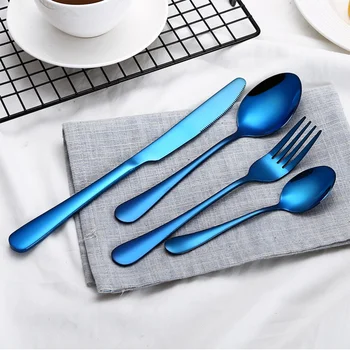 

24PCS/Set Wooden Box Stainless Steel Cutlery Knife Spoon Fork Tableware Dinnerware Supplies (Blue)