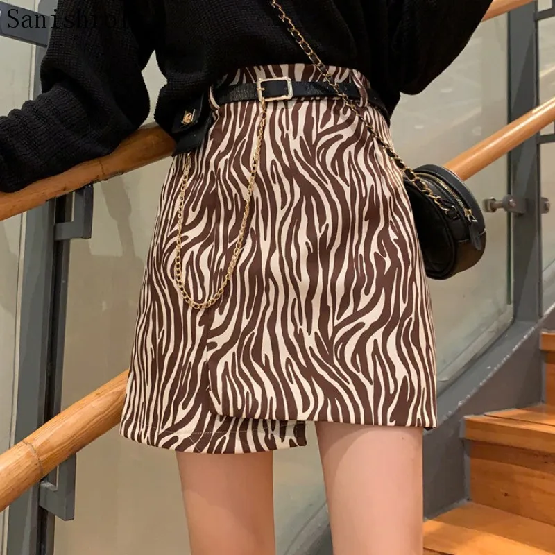 

Zebra Patter Leopard Skirt 2021 Women Split Irregular A-Line Skirt Office Lady Chain Bodycon High Waist Mini Skirts With Belt