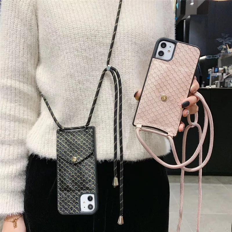 

Fashion Gridlines Fish Scale Phone Case For iPhone 11 Pro X XS XR MAX With Lanyard Card Pocket Cover For iPhone 6 6s 7 8 Plus