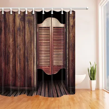 

Wood Decor Wooden Door with Floor Shower Curtains Polyester Fabric Waterproof Bath Curtain 69X70 in Shower Curtain Hooks