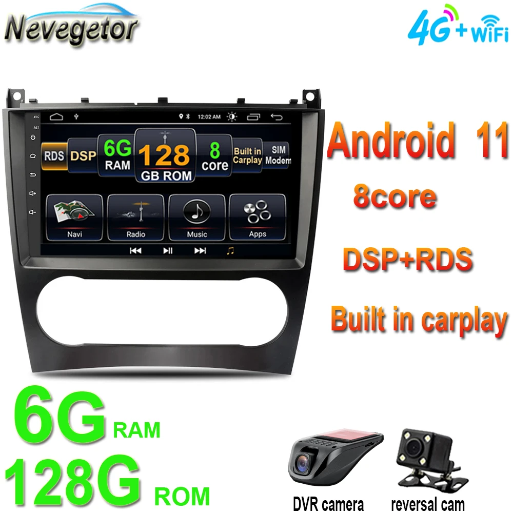 Автомобильное редио 6G + 128G Android 11 9 "для Mercedes Benz C Class W203 C200 C230 C240 C320 C350 CLK W209 2005-2009