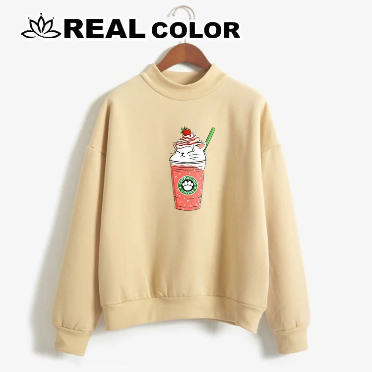 

2019 coffee Cat women's sweatshirt No cap character print casual pullover cute short coat long sleeve O-neck shirt