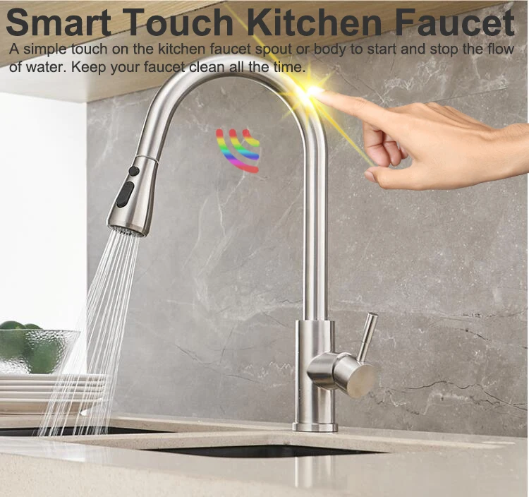 Smart Touch Kitchen Faucet Of Brushed Nickel Pull Out Kitchen Mixer Tap Hot Cold Sensor Kitchen Tap