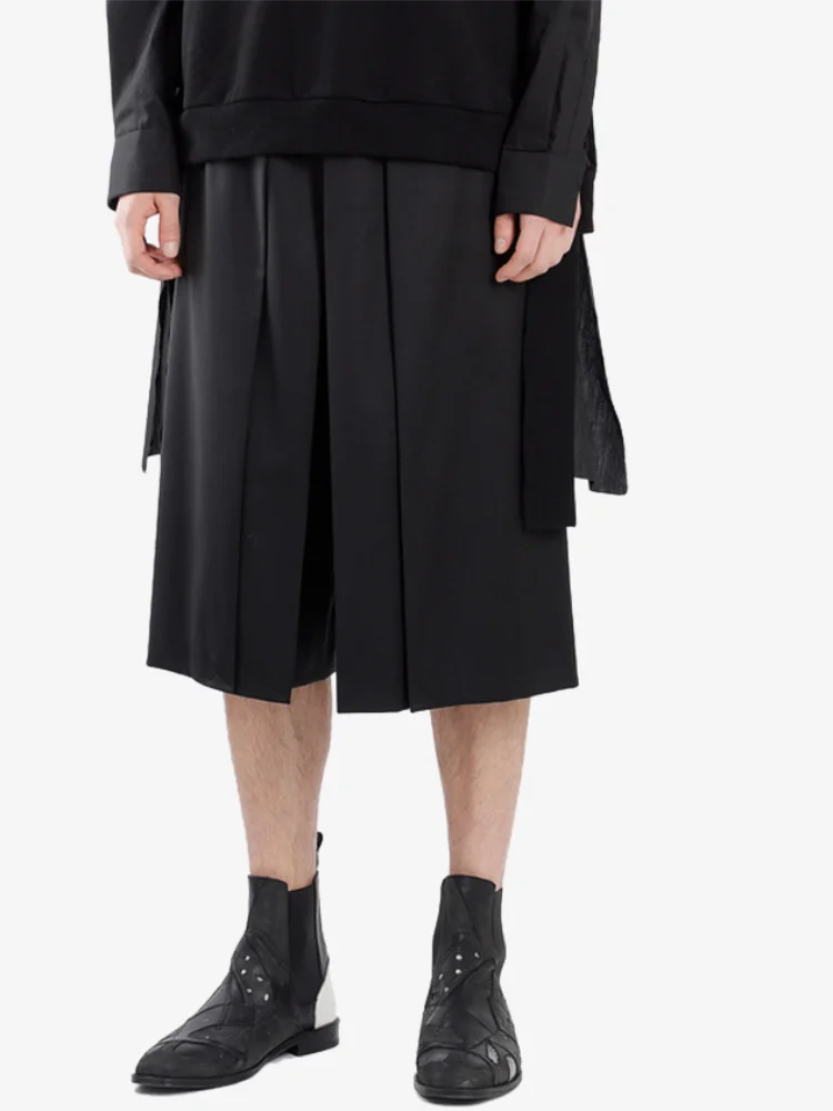 Men's Pant Casual Pants Wide Leg Pants Summer New Black Elastic Waist Wide Pleated Design Large Size Short Pant Skirt