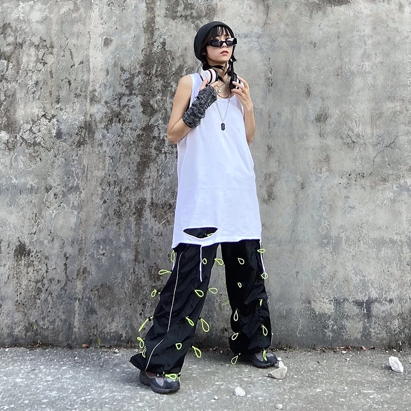 [EAM] High Elastic Waist Green Drawstring Wide Leg Long Trousers New Loose Fit Pants Women Fashion Tide Spring Autumn 2020 1X847