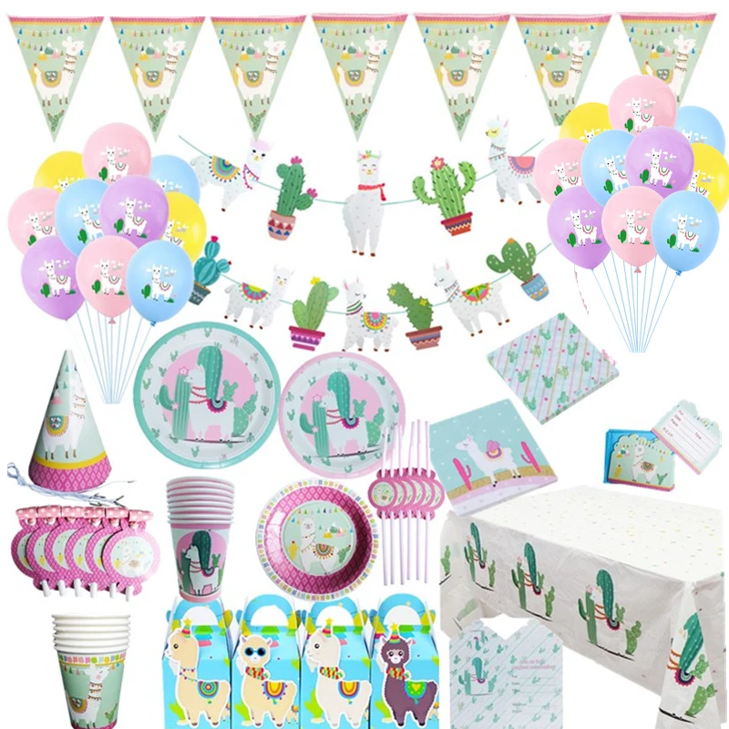 Birthday Party Decorations with Large Llama Cactus Foil Balloons Latex Balloons Happy Birthday Banner for Baby Shower Home Decor Cupcake Topper Llama Party Supplies 