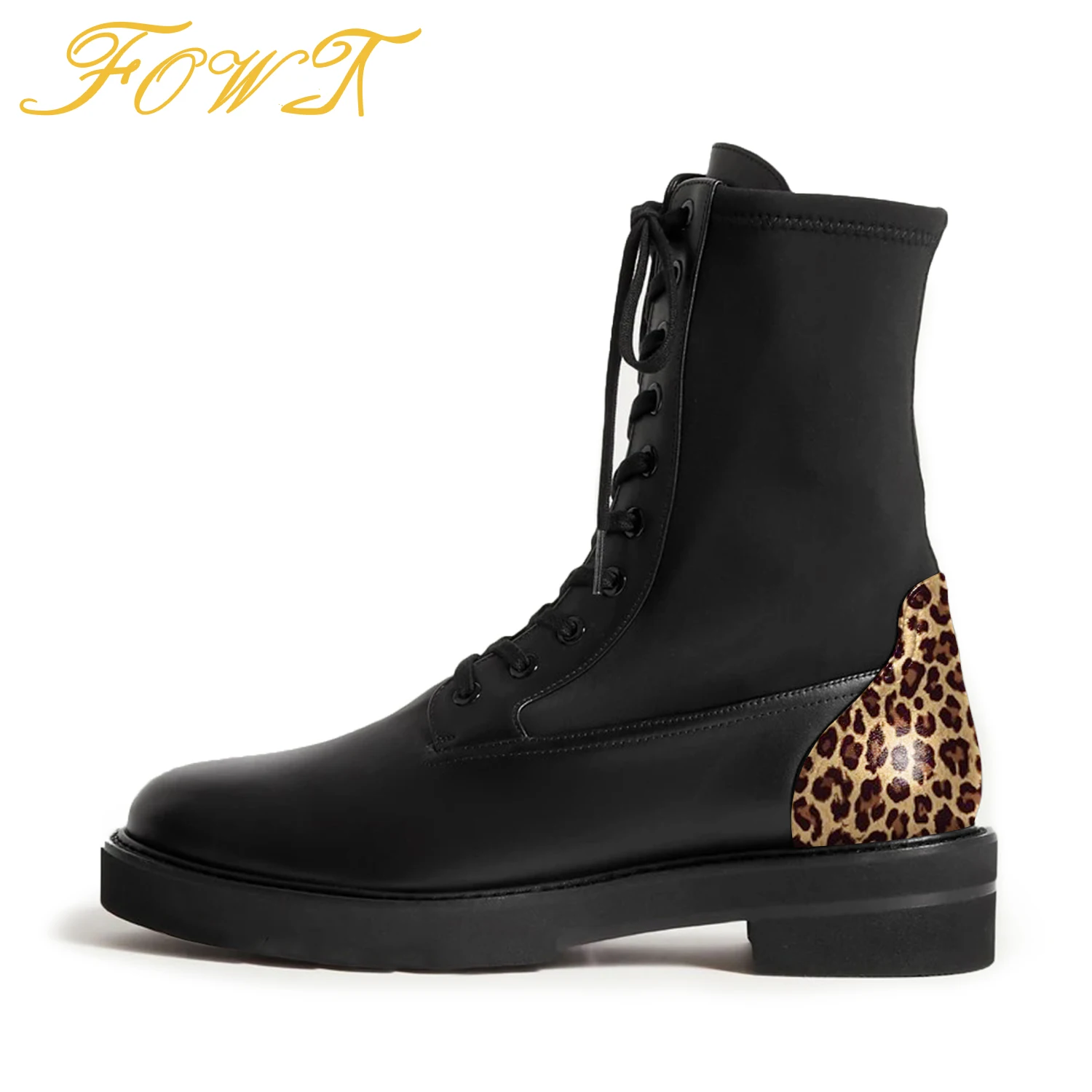 

Leopard Back Women Mid-Calf Boots Low Platform Round Toe Med Square Heels Short Booties Ladies Lace-Up Patchwork Shoes Size 9 10