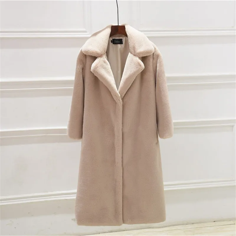 Зимнее высококачественное пальто из искусственного кроличьего меха, роскошное длинное меховое пальто для женщин, Свободное пальто с отворотом, толстое теплое женское плюшевое пальто