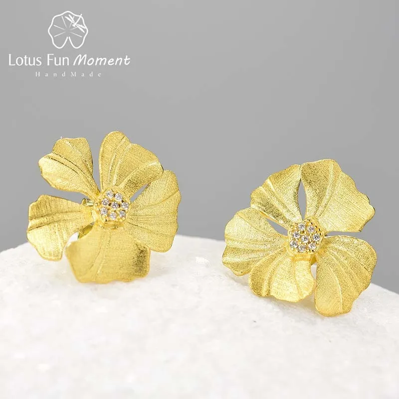 

Lotus Fun Moment 925 Sterling Silver Natural Zircon Elegant Big Peony Flower Stud Earrings for Women 18K Gold Statement Jewelry