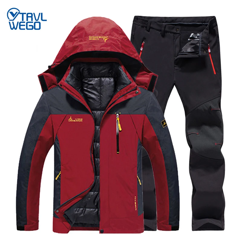 

TRVLWEGO Men Winter Waterproof Fishing Thermal Soft shell pants Trekking Hiking Camping Skiing Climbing Outdoor Down Jackets Set