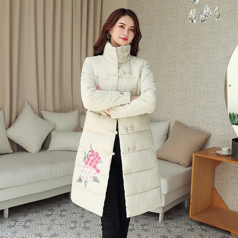 

Photo Shoot 2019 New Style down Jacket Women's Mid-length Ethnic-Style Fashion Cloth Cover Embroidery Cotton-padded Clothes Slim