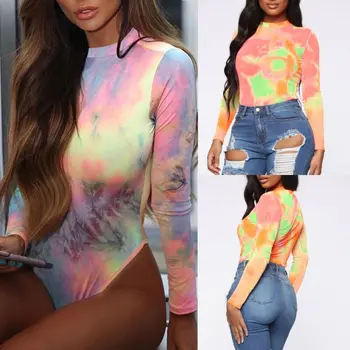 

Women Tie Dyed Bodysuit Bodycon Jumpsuit Romper Leotard Tops Lady Playsuit Long Sleeve