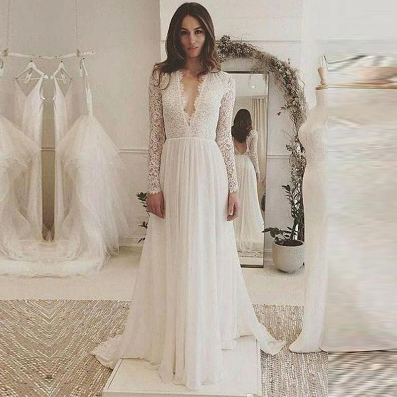 NUOXIFANG Robe De Mari�e 2020 vestidos Lace Wedding Dress with Long Sleeves A-line V-Neck Backless Chiffon Beach Wedding Dress