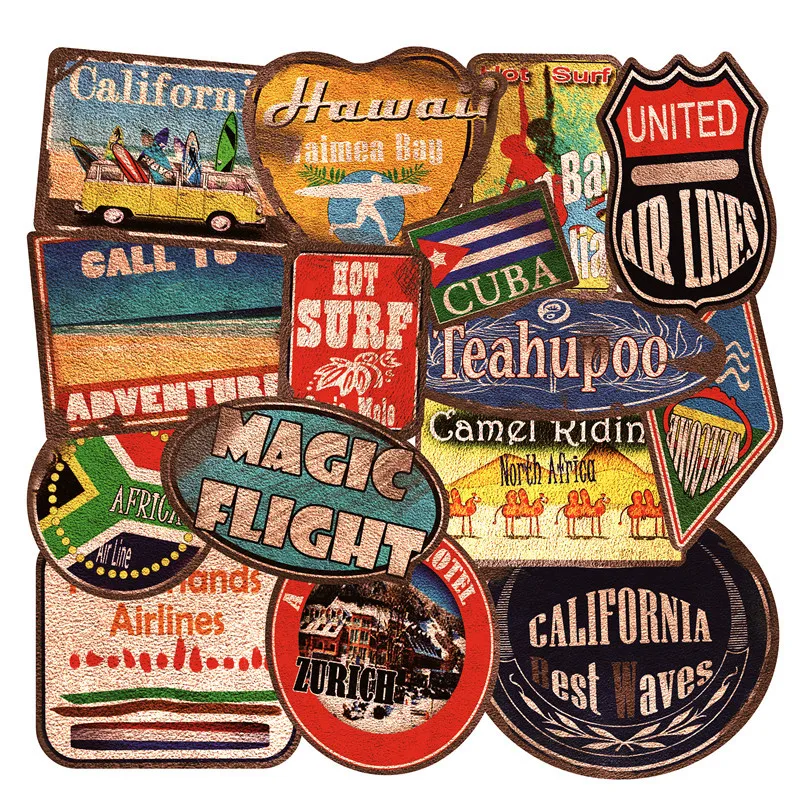 

36pcs Pack Waterproof PVC Retro Beach Surfing Stickers Skateboard Travel Luggage Suitcase Guitar Snowboard Water Bottle Stickers