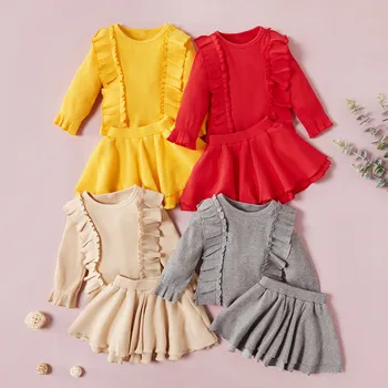 

Toddler Kids BabyDress for girls платье для девочки Solid Tops Skirt Knit Crochet Sweater Outfits Top + skirt Clothes set #4