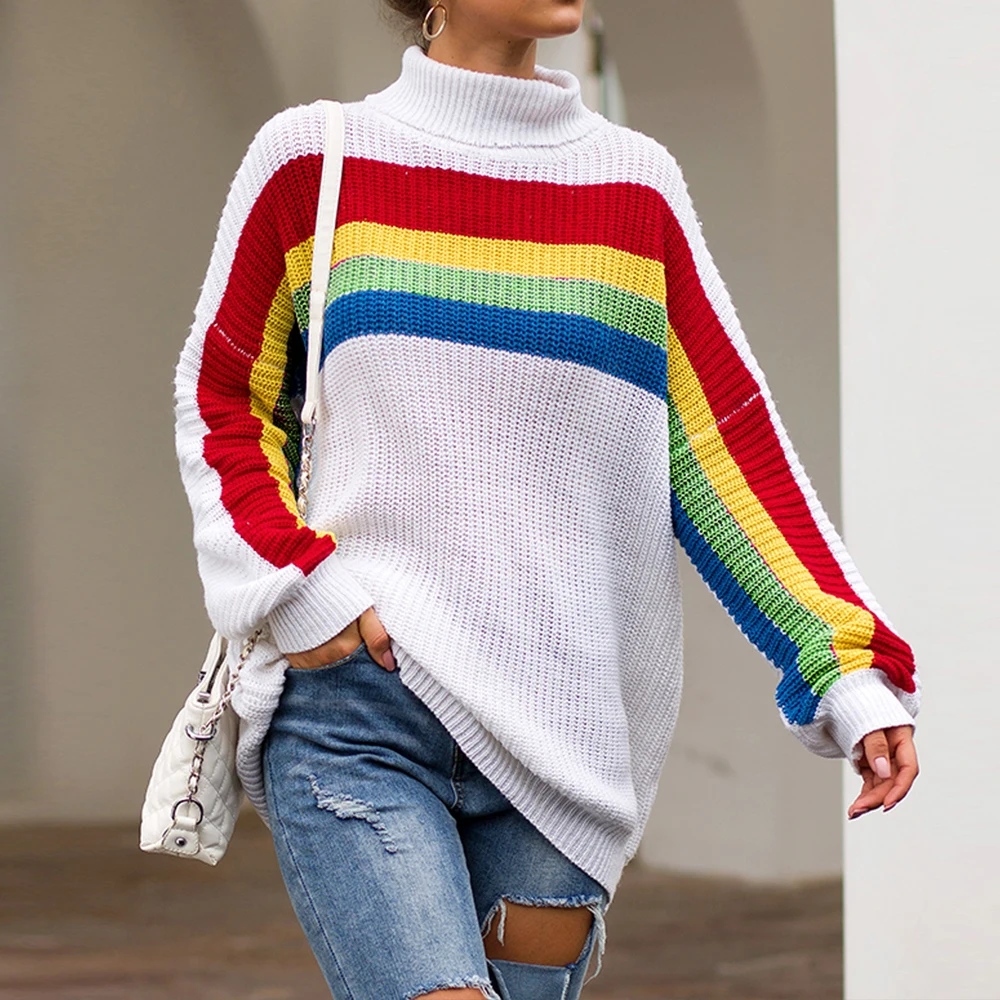

2019 Fashion Autumn Winter Women Sweaters Rainbow Pattern Printed Long Sleeve Tops O-Neck Pullovers Knitted Loose Sweaters