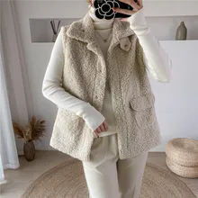 Gilet d'hiver en laine d'agneau épais et chaud pour femmes, col rabattu, poches à boutons cachés, vêtements d'extérieur, manteau sans manches