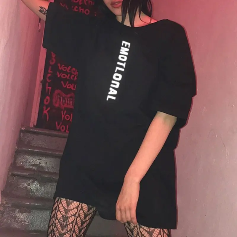 

Dark Gothic T Shirts Women Cutton Oversize Half Sleeve Reflective Letter Printed Tops Summer Female Casual Black Tee 2019 New