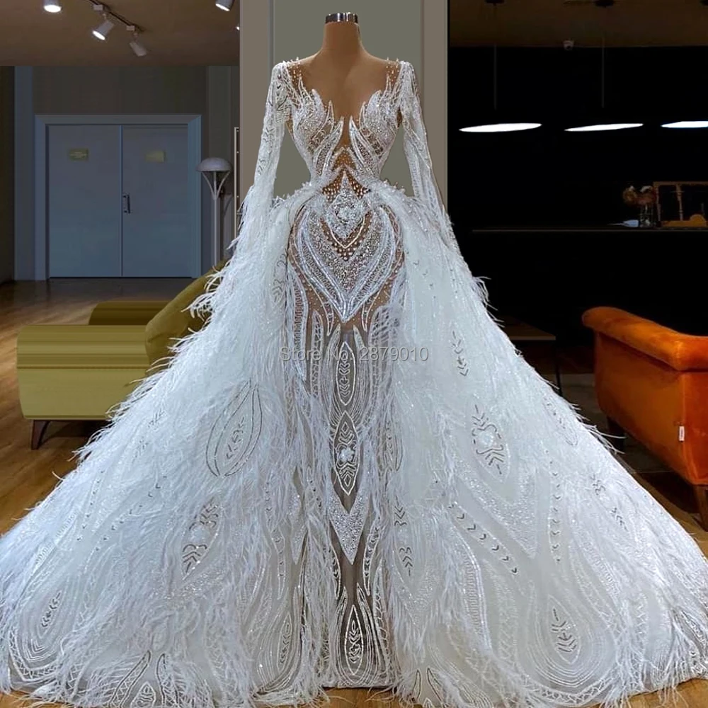 

Junoesque V-Neck Wedding Dress Mermaid Beaded Pearl Long Sleevees Tulle Floor-Length Women Dress Bridal Gowns Party Dress Dubai