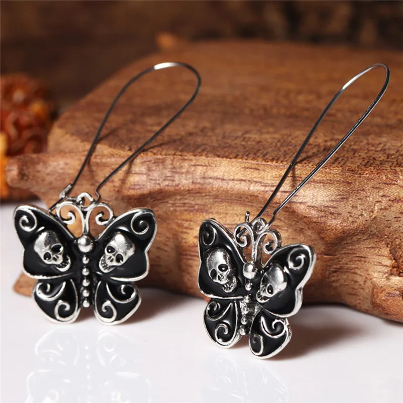 1pc Women Vintage Wedding Party Punk Gothic Butterfly Ear Jewelry Accessories Skull Dangle Earrings For Women Lady