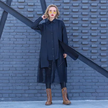 

Women Pure Black Dress New Lapel Collar Irregular Shirt Stitching Mesh Hem Dress Loose Long Sleeve Fit Fashion Tide Autumn 2020