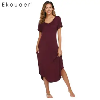 

Ekouaer Long Summer Nightdress Women V Neck Nightshirt Short Sleeve Nightwear Solid Soft Rayon Nightgown Sleepwear