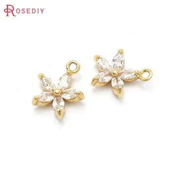 

(37129)6PCS 11x9MM 24K Gold Color Brass and Zircon Flower Charms Pendants High Quality Jewelry Making Supplies Diy Accessories