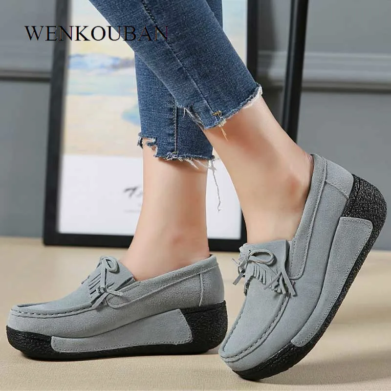 

Genuine Leather Shoes Women Flats Platform Shoes Casual Creepers Slip On Loafers Moccasins Femme Ladies Shoes Zapatos Mujer 2019
