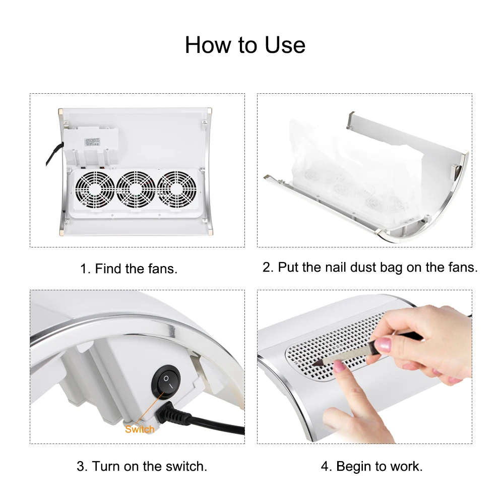 

Nail Dust Collector with 3 Fan Manicure Powder Cleaner Salon Suction Dust Machine with 2 Dust Collection Bags Nail Art Equipment
