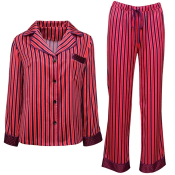 

Satin Long Sleeve Turndown Collar Pyjama Women Spring Summer Pajamas Sets 2PCS Sleepwear Striped Print Silky 2PCS Nightwear