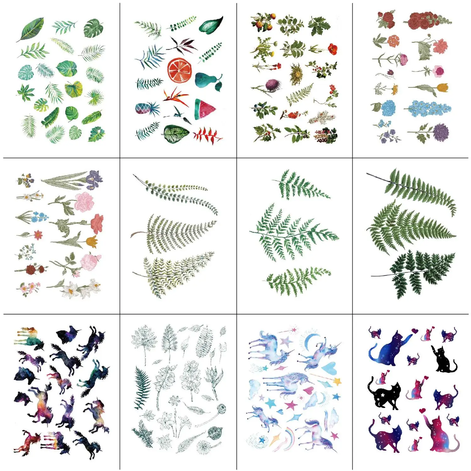 

Flowers Fern Tattoo Sticker Plant Fake Tatoo Temporary Waterproof Women Girls Kids Make Up Hand Arm Chest Big 15X11cm Set of 12