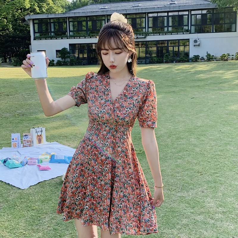 

Summer Casual Floral Print Dresses Women French Romance Retro Dresses Women Boho Beach Mini Dresses Lady ka823