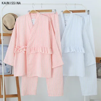 

Women Cotton Sleepwear Gauze Kimono Tops Long Pants Striped Pajamas Set Female Summer Spring Loungewear Suit Loose Home Clothes