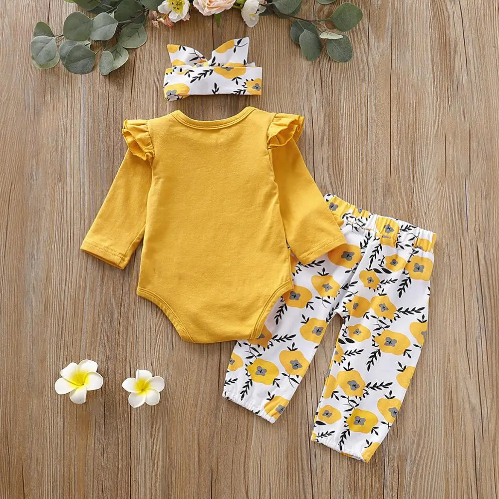 Baby Clothes Sets Cotton Letter Print Newborn Girls Bodysuits Pants Headband Outfits Spring Autumn Long Sleeve Infant 2pcs 0-18M
