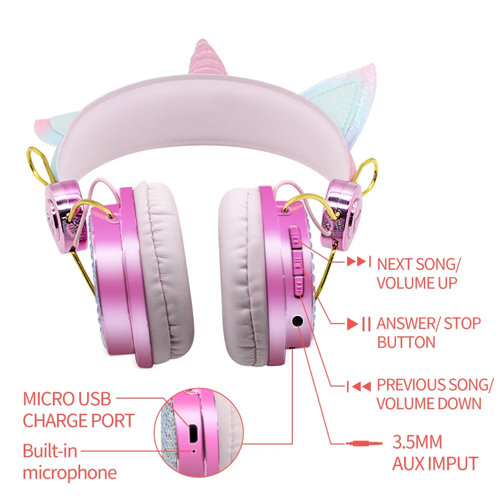 Unicorn Bluetooth 5 0 Kids Headphone With Mic Cute Cosque Girls Music Helmet Laptop Cascos Phone Gaming Headset Children Gifts