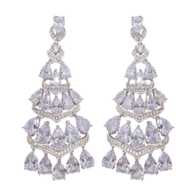 

EYER Luxury Pink Cubic Zirconia Long Tassel Earrings White Color Drop Earrings For Bridal Dress Wedding Party Fine Jewelry