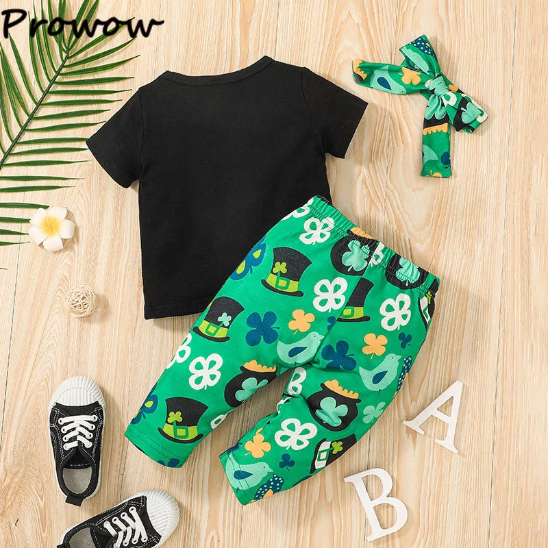 Baby Clothing Set medium Prowow 0-2Y Toddler St. Patricks Day Outfit Baby Girl Clothes Set Newborn Puffy Sleeve Black T-shirts Shamrock Flare Trousers baby clothing set long sleeve	