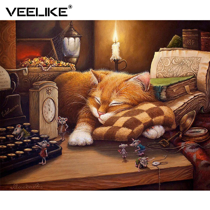 

Wall Art Sleepy Cat Painting by Numbers Poster Vintage Wall Mural Hand Painted Abstract Oil Painting for Living Room Home Decor