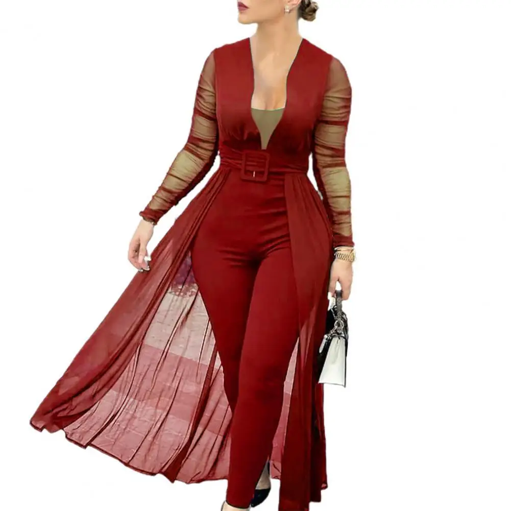 Women Jumpsuit Solid Color Skinny Playsuit Women Long Sleeve Sheer Patchwork Waist Tight Belt Overall for Party robe elegant junpsuits for women 2023 autumn clothes long sleeve v neck straight white jumpsuit fashion casual overall new pants