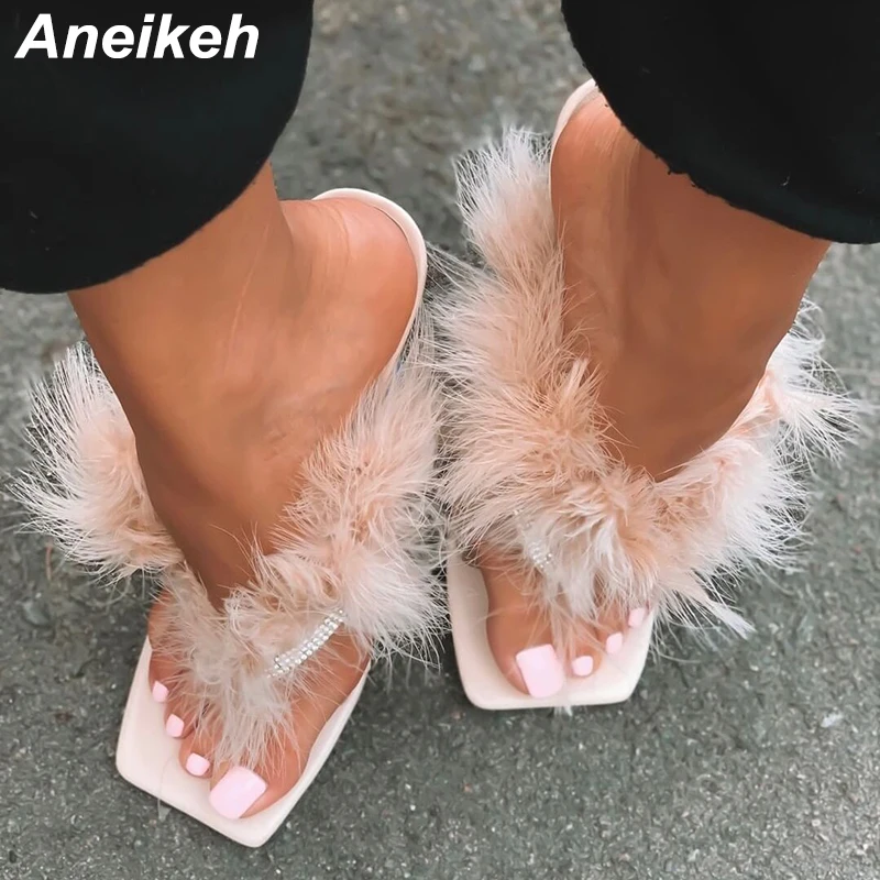 Женские меховые Вьетнамки Aneikeh летние прозрачные Шлепанцы из ПВХ с перьями и