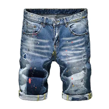 

KIOVNO Summer Men Painted Ripped Jeans Shorts Graffiti Slim Denim Shorts Male Streetwear High Street