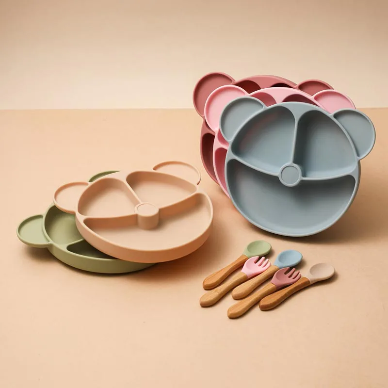 

3 Pc/Set Children's Dishes Baby Silicone Sucker Plate Baby Cartoon Bear Tableware Kids Feeding Dinner Fork Spoon Set Gift