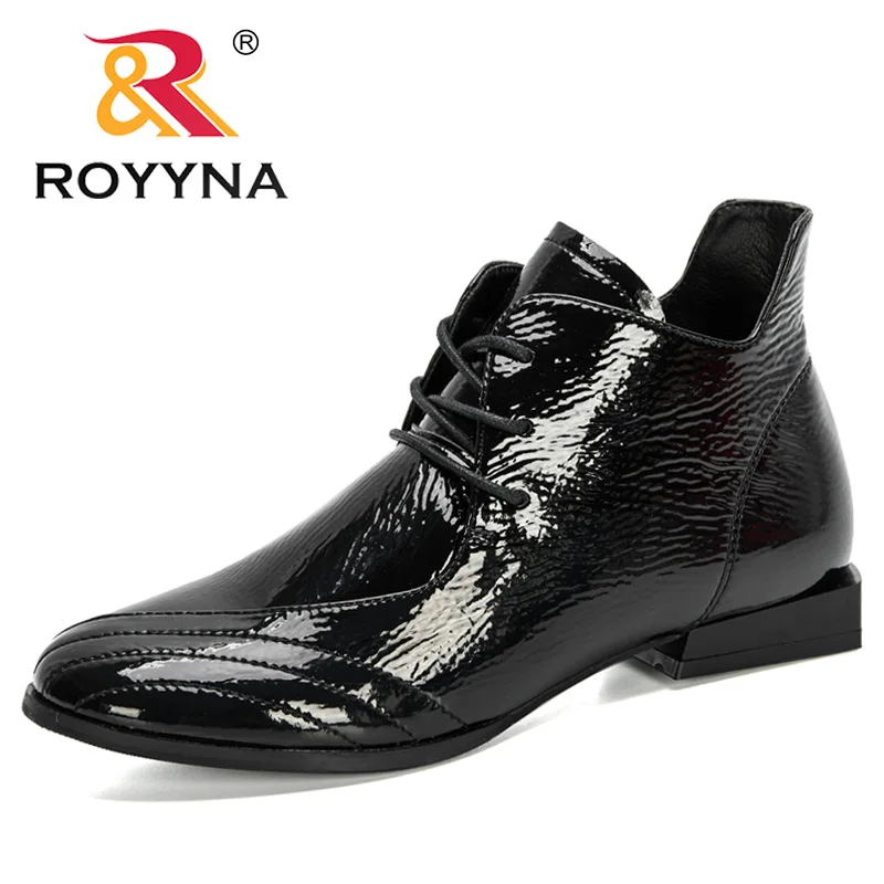 

ROYYNA 2020 New Designers Ankle Boots Women Winter Single Shoes Low-heeled Patent Leather Round Toe Fashion Woman High Top Shoes