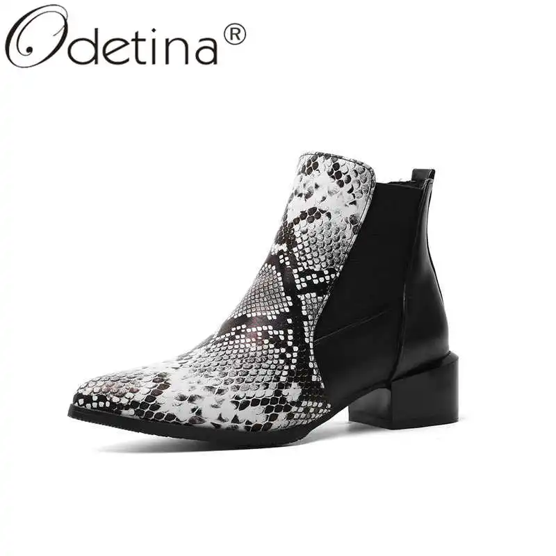 

Odetina Women New Slip On Casual Pointed Toe Chelsae Ankle Boots Lady Block Mid Heel Sexy Snakeskin Fashion Winter Short Booties