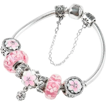 

NEW 100% 925 Sterling Silver Brand New 1:1 Genuine Elegant Flower Bracelet Set Charm Orchid Sakura Pink Glass Bracelet