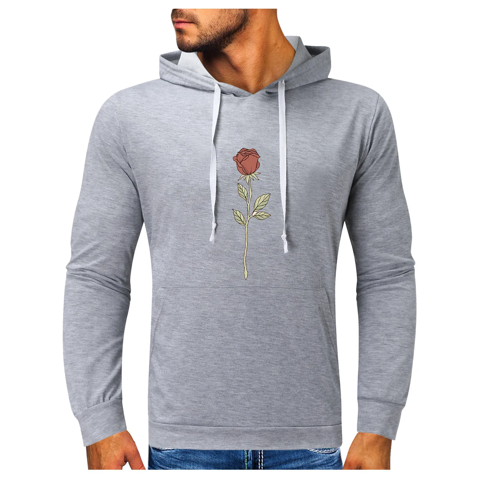 Men's Casual Hoodies Rose Print Long Sleeve Tops Drawstring Pocket Hoodies Blouse Hip Hop Streetwear Clothing Худи Мужские 2